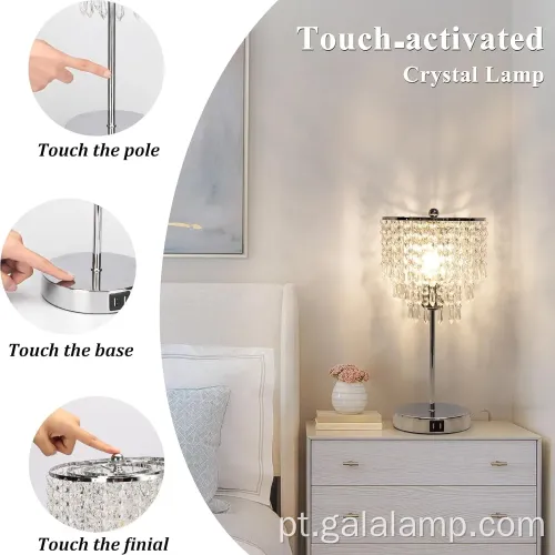 Luminária de mesa de cristal sofisticada com toque e USB